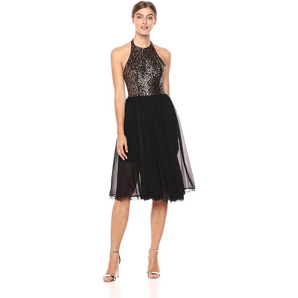 NEW DRESS THE POPULATION Gold Tatiana Halter Dress